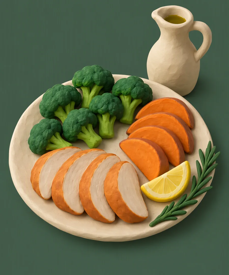 A clay plate of roast chicken, broccoli and sweet potato with a small jug of olive oil
