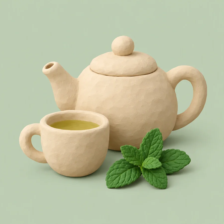 A cream clay teapot, a cup and a sprig of mint