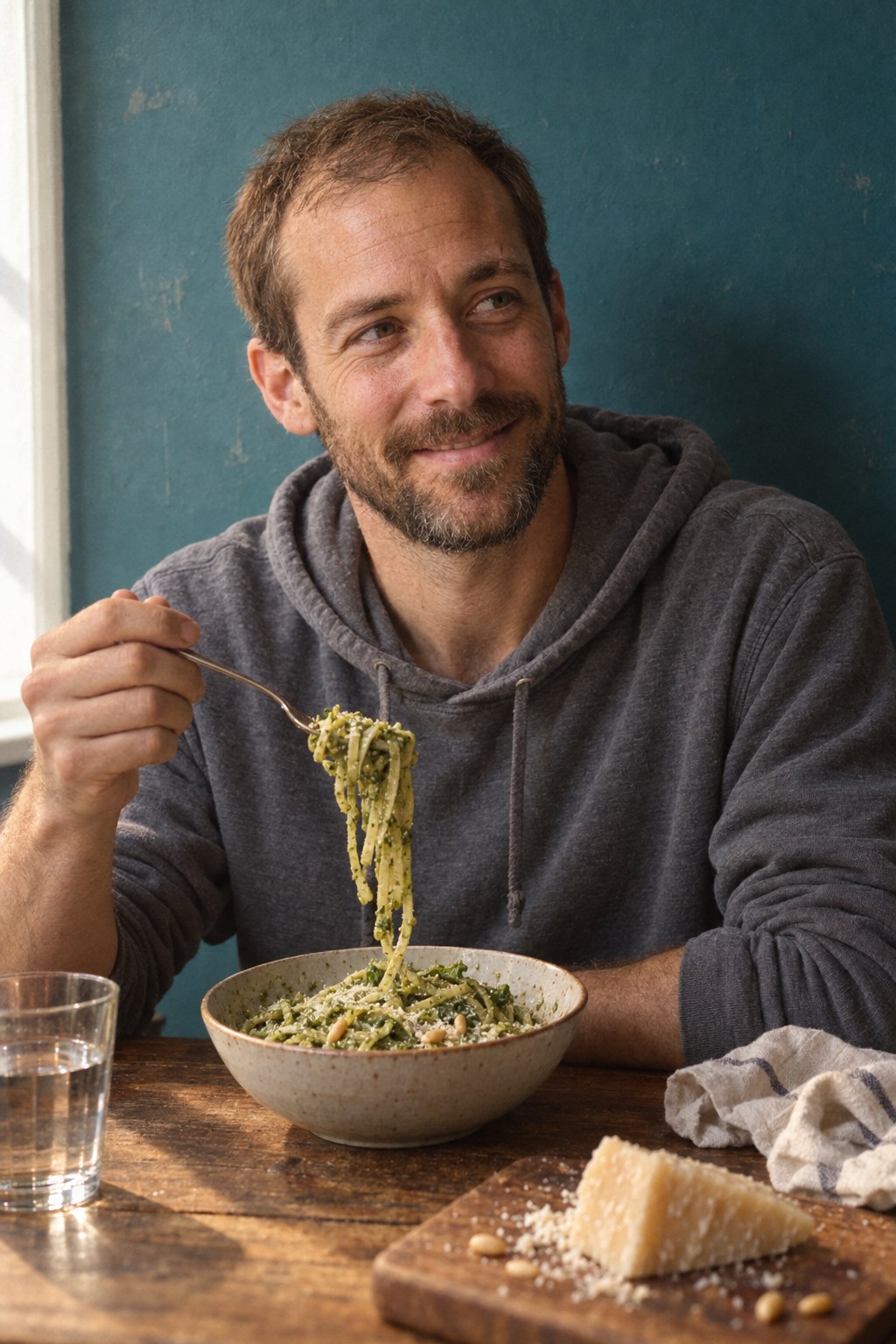 A runner eating pesto pasta the night before a long run