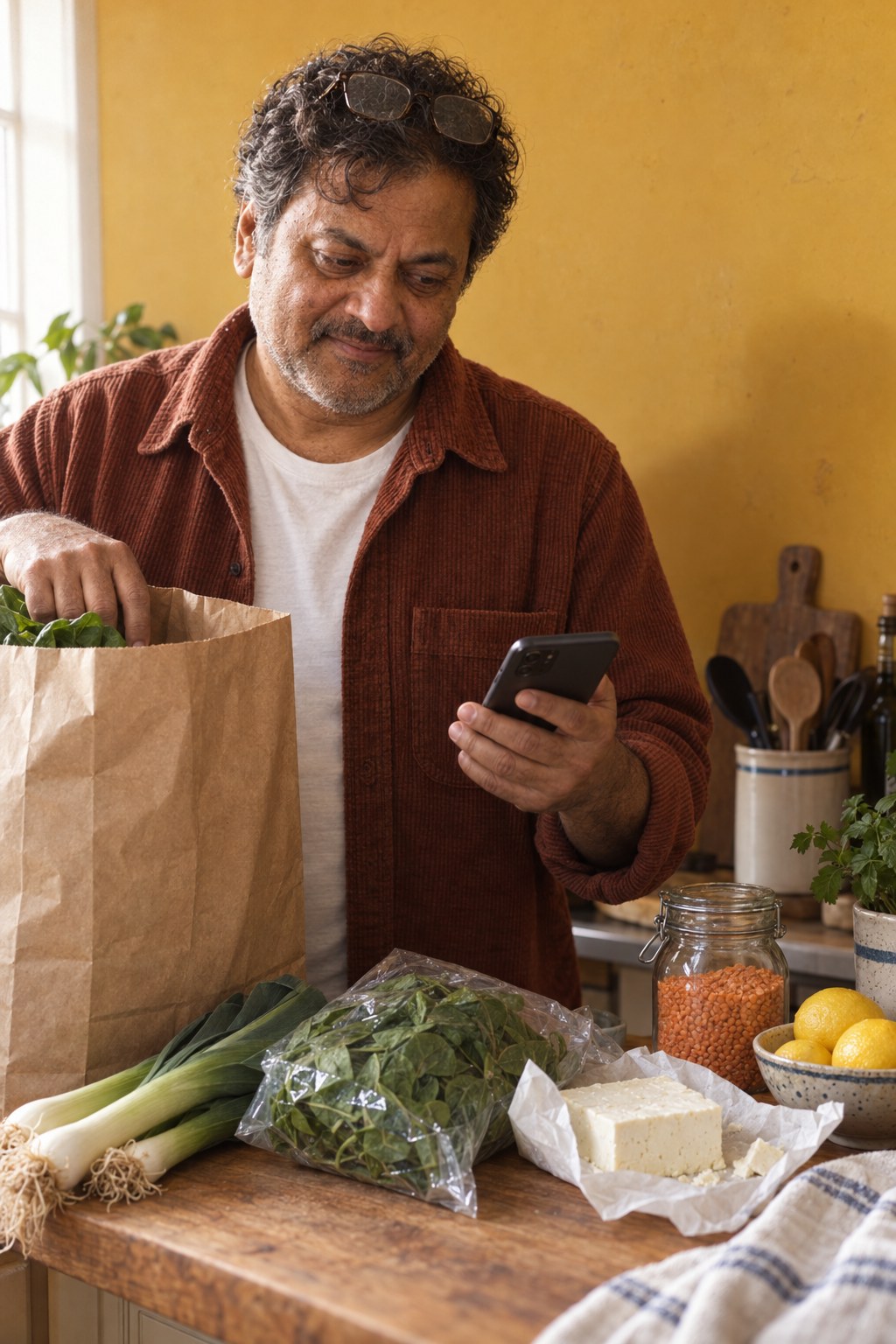 A man unpacking groceries for the week