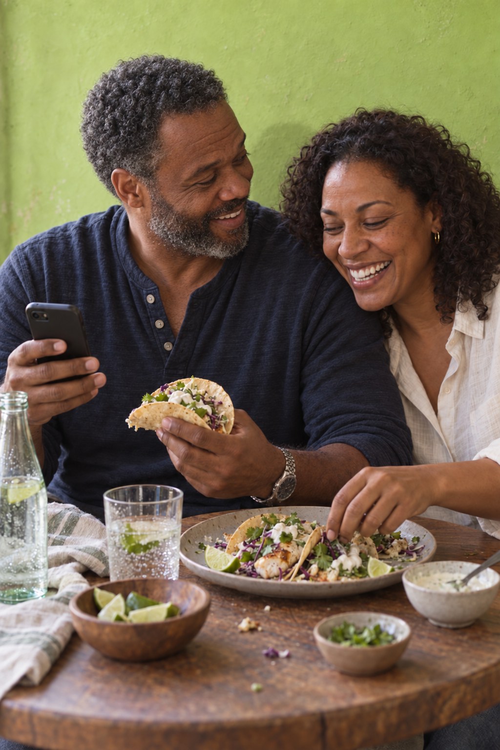 A couple laughing over fish tacos