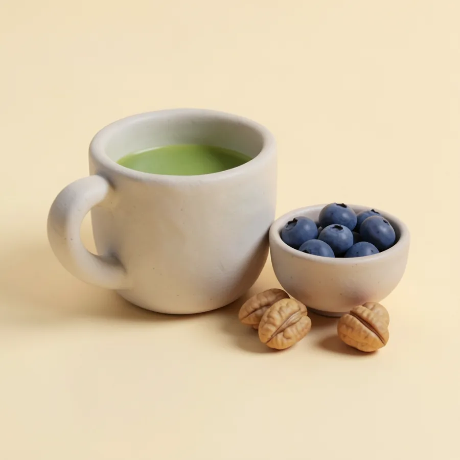 A clay cup of green tea with blueberries and walnuts
