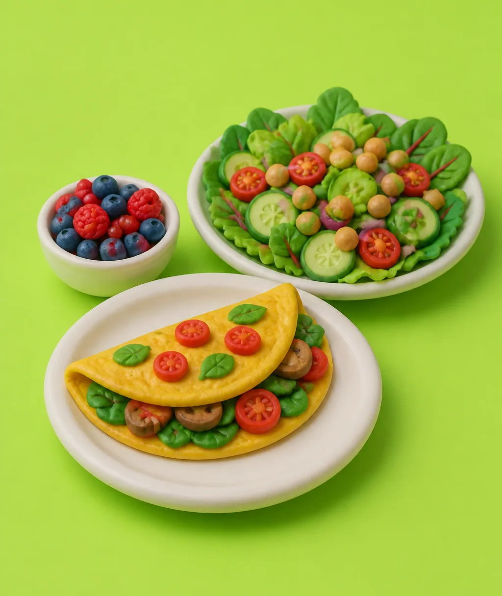 A clay plate with a vegetable omelet, a chickpea salad and a small bowl of blueberries