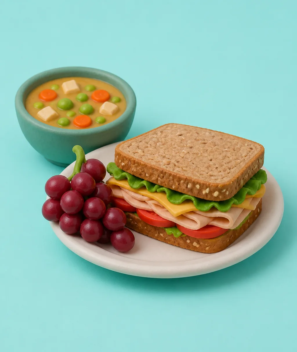 A clay plate with a turkey sandwich on whole-grain bread, a bowl of tomato soup and a bunch of grapes