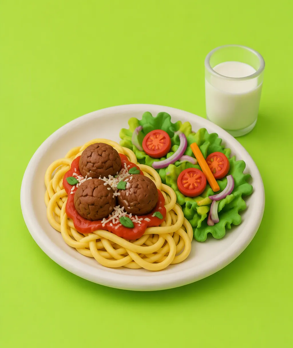 A clay plate of spaghetti with turkey meatballs, a green salad and a glass of milk