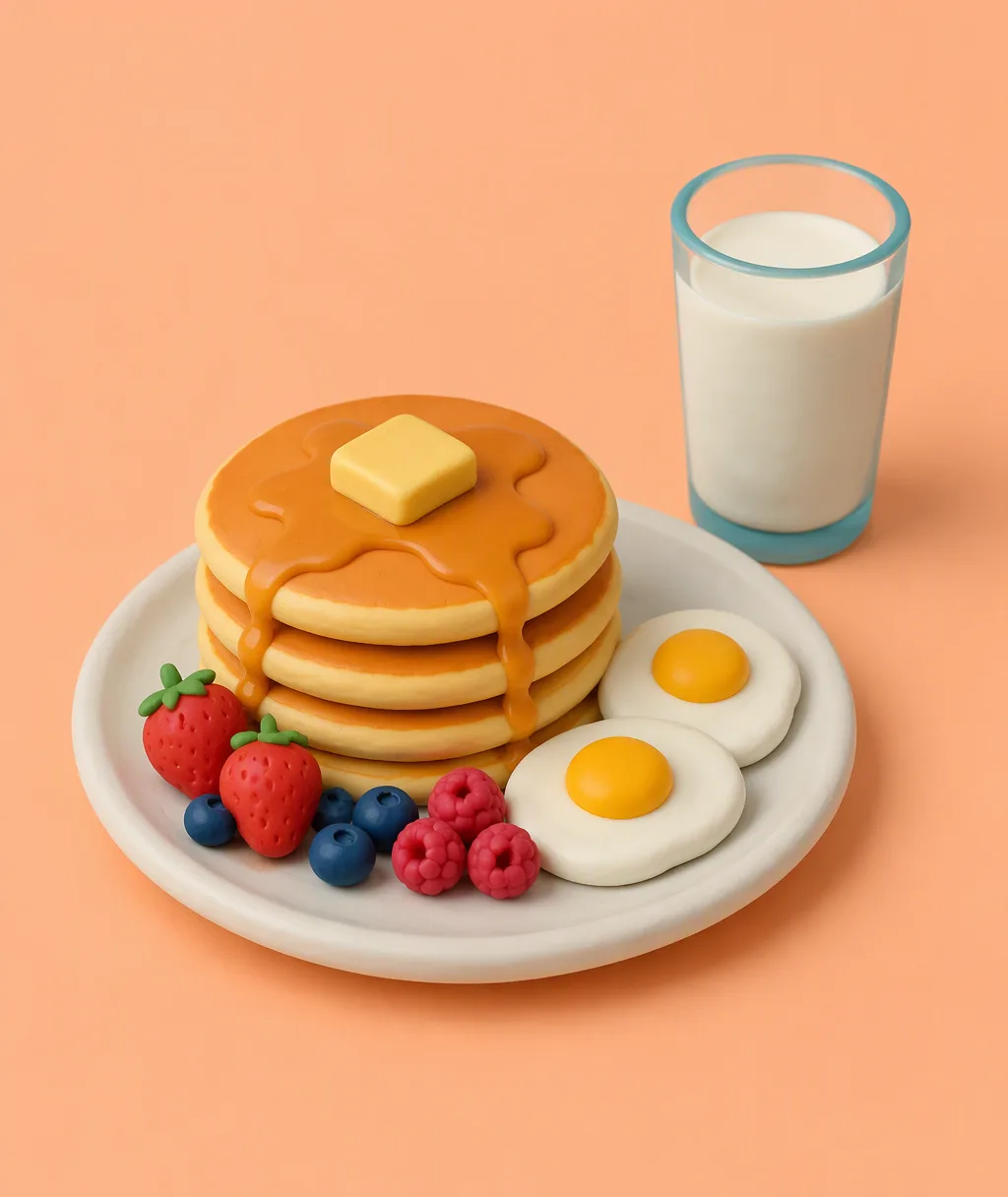 A clay stack of pancakes with berries, two eggs and a tall glass of milk