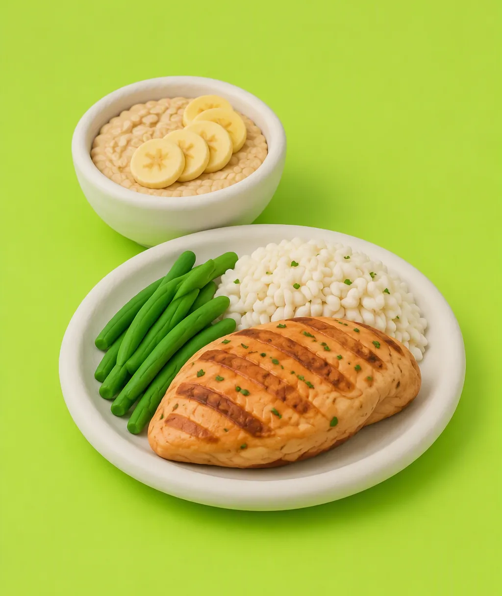A clay bowl of oatmeal with banana, and a plate of baked chicken with rice and green beans