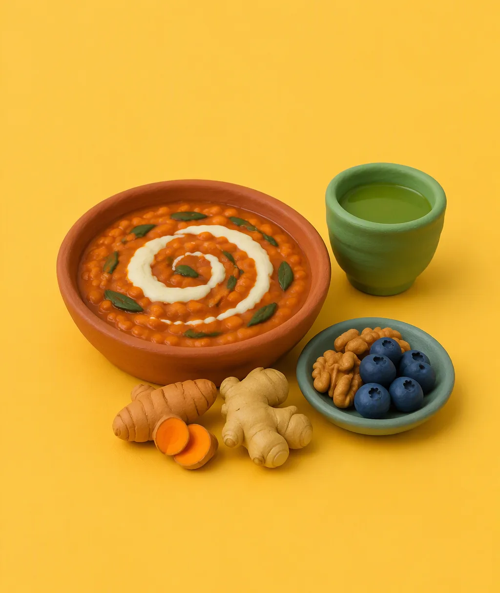 A clay bowl of lentil stew with greens, a glass of green tea, blueberries, walnuts and a piece of turmeric root
