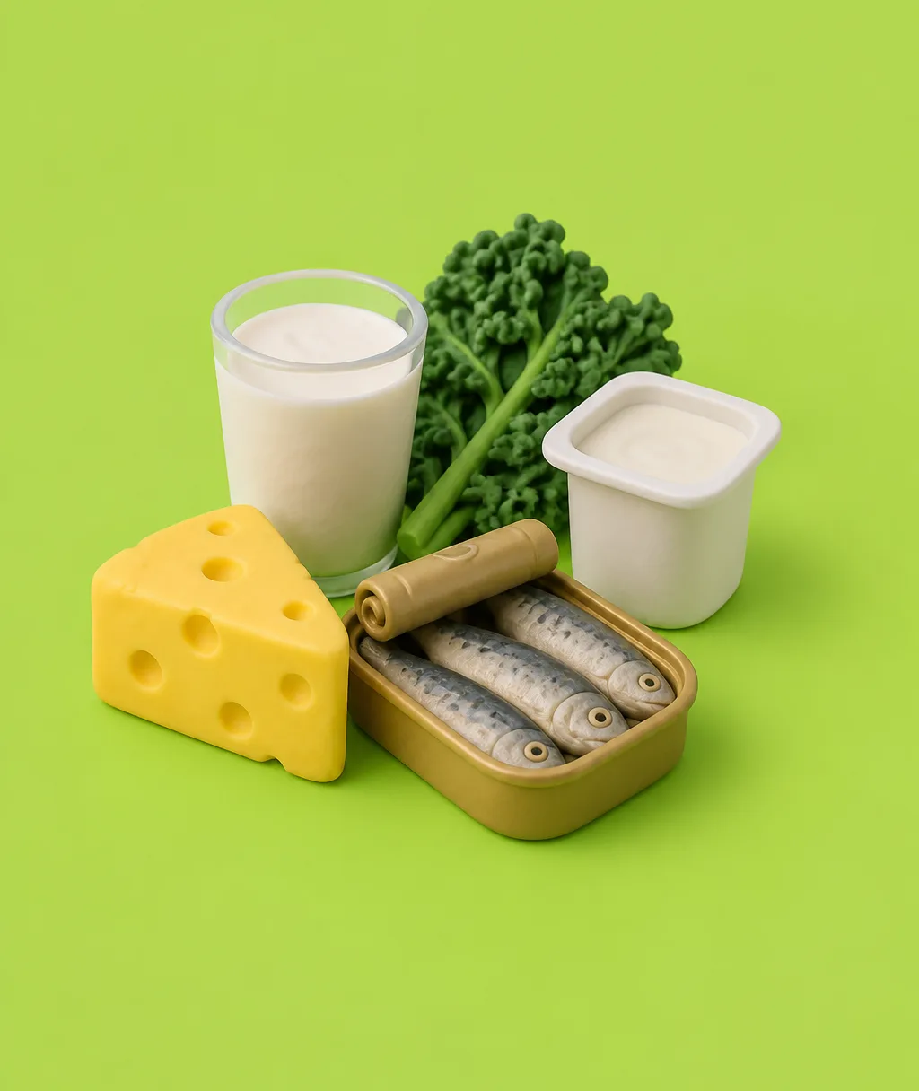 A clay glass of milk, a block of cheese, canned sardines, kale and a carton of yogurt