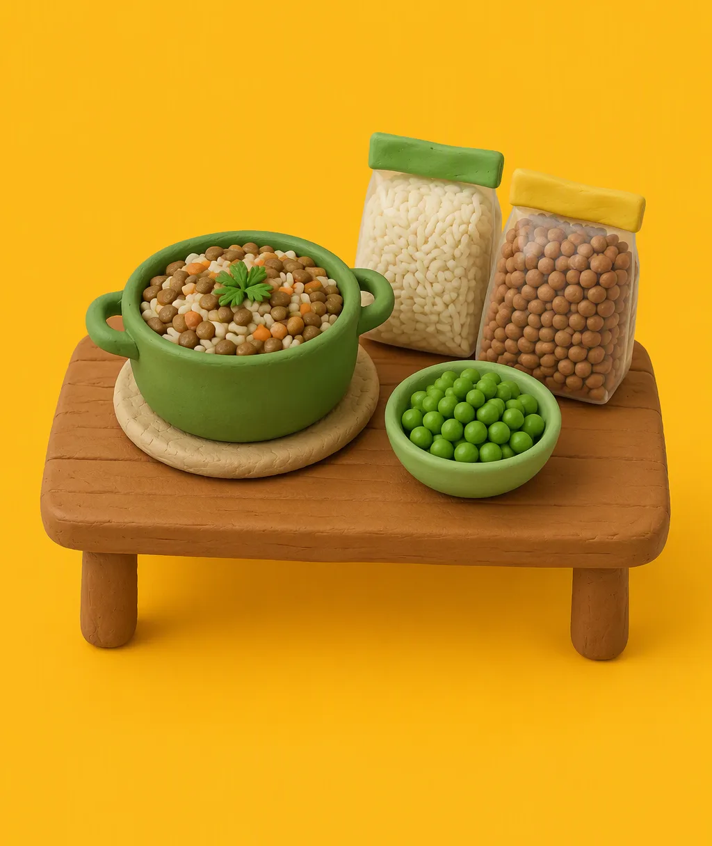 A clay pantry shelf with a bag of rice, a bag of lentils, a carton of eggs and a bag of frozen peas