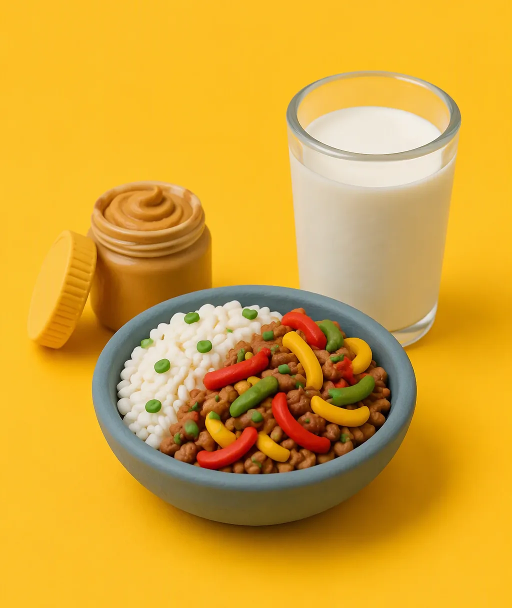 A clay bowl of rice with ground beef and peppers, a jar of peanut butter and a tall glass of milk