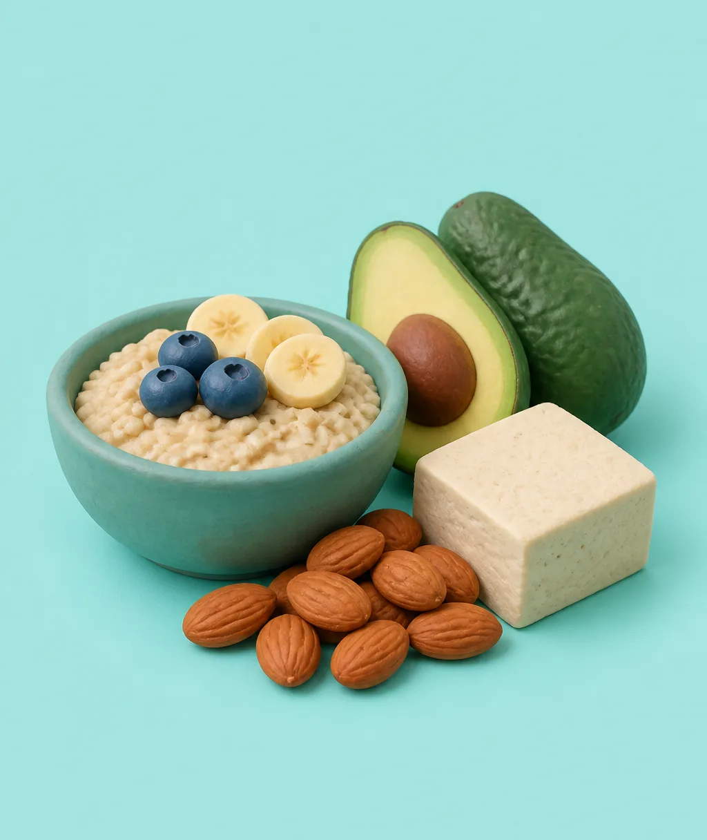 A clay bowl of oatmeal, a handful of almonds, a block of tofu and an avocado