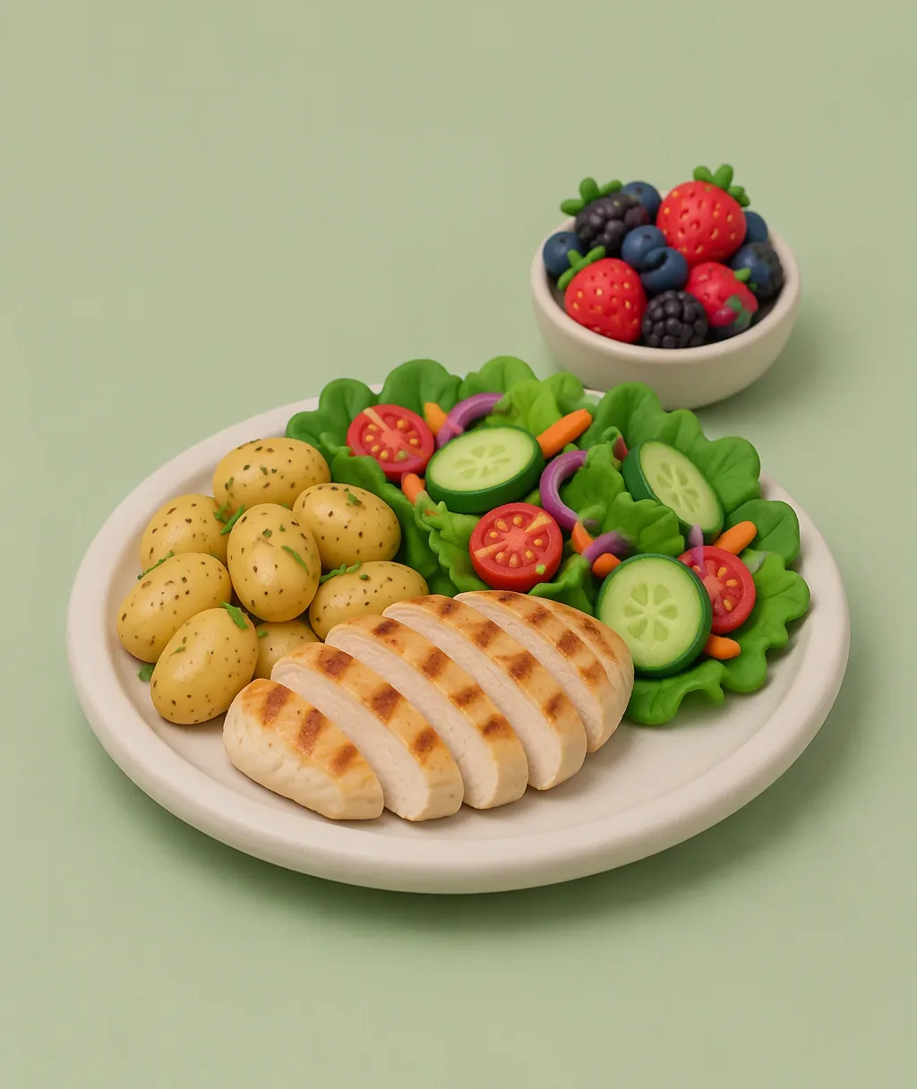 A clay plate of grilled chicken breast, a big salad, roasted potatoes and a small bowl of berries