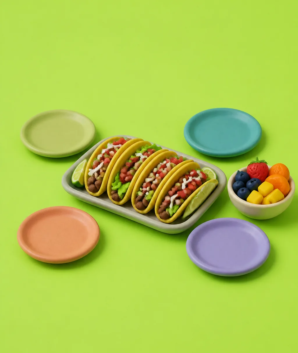 A clay family table with a tray of tacos, a bowl of fruit and four plates set around it