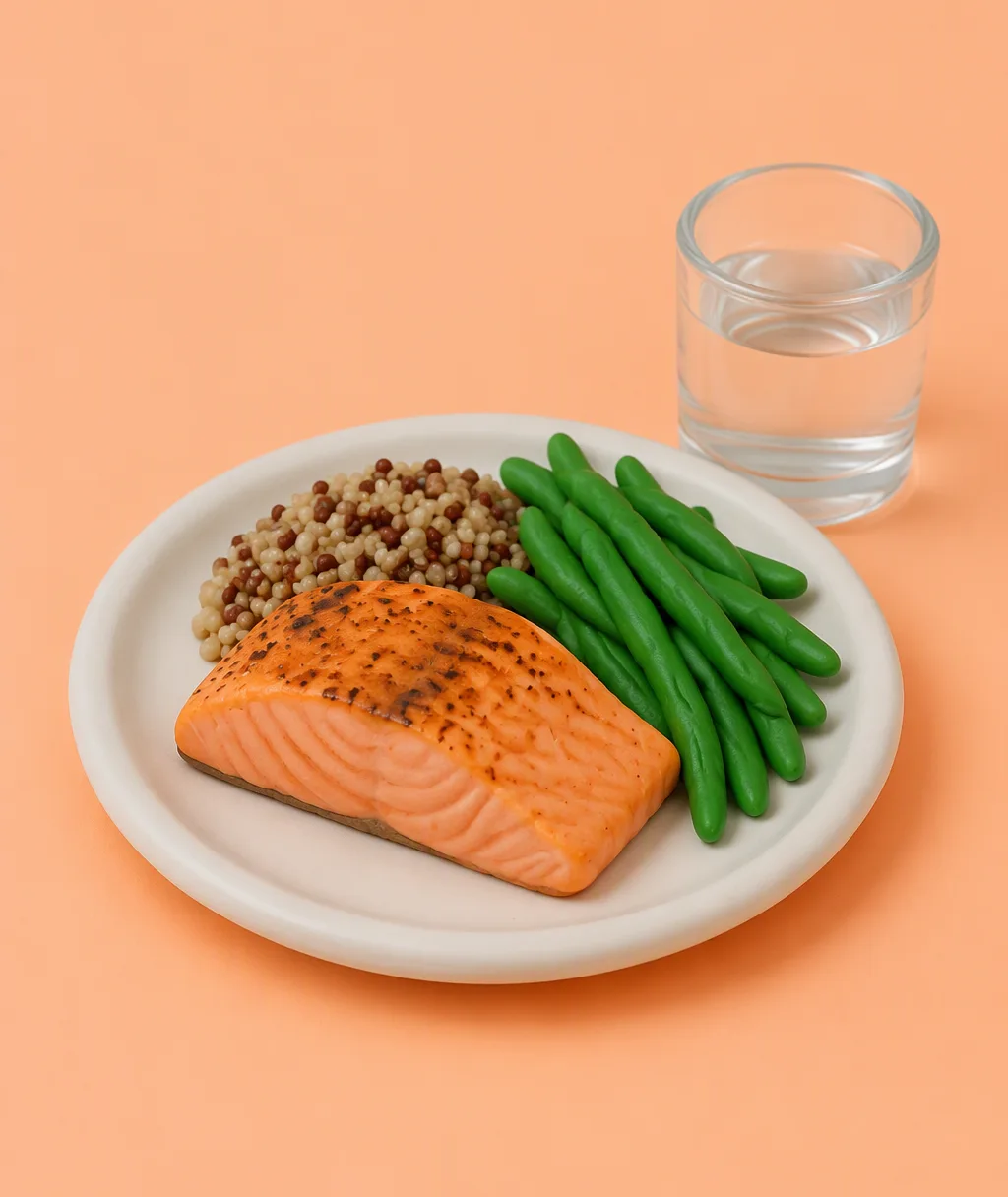 A clay small plate of salmon, quinoa and green beans next to a glass of water