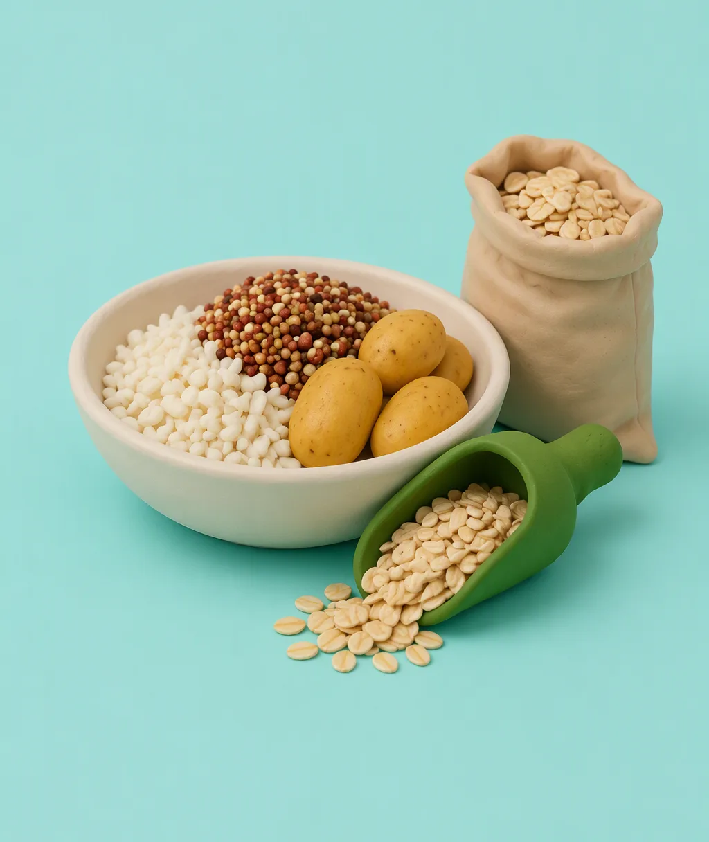 A clay bowl of quinoa and rice beside roasted potatoes and a bag of certified gluten-free oats