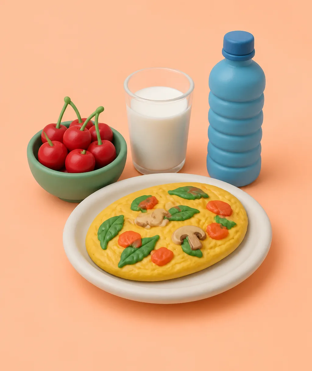 A clay bowl of cherries, a glass of milk, a vegetable omelet and a water bottle