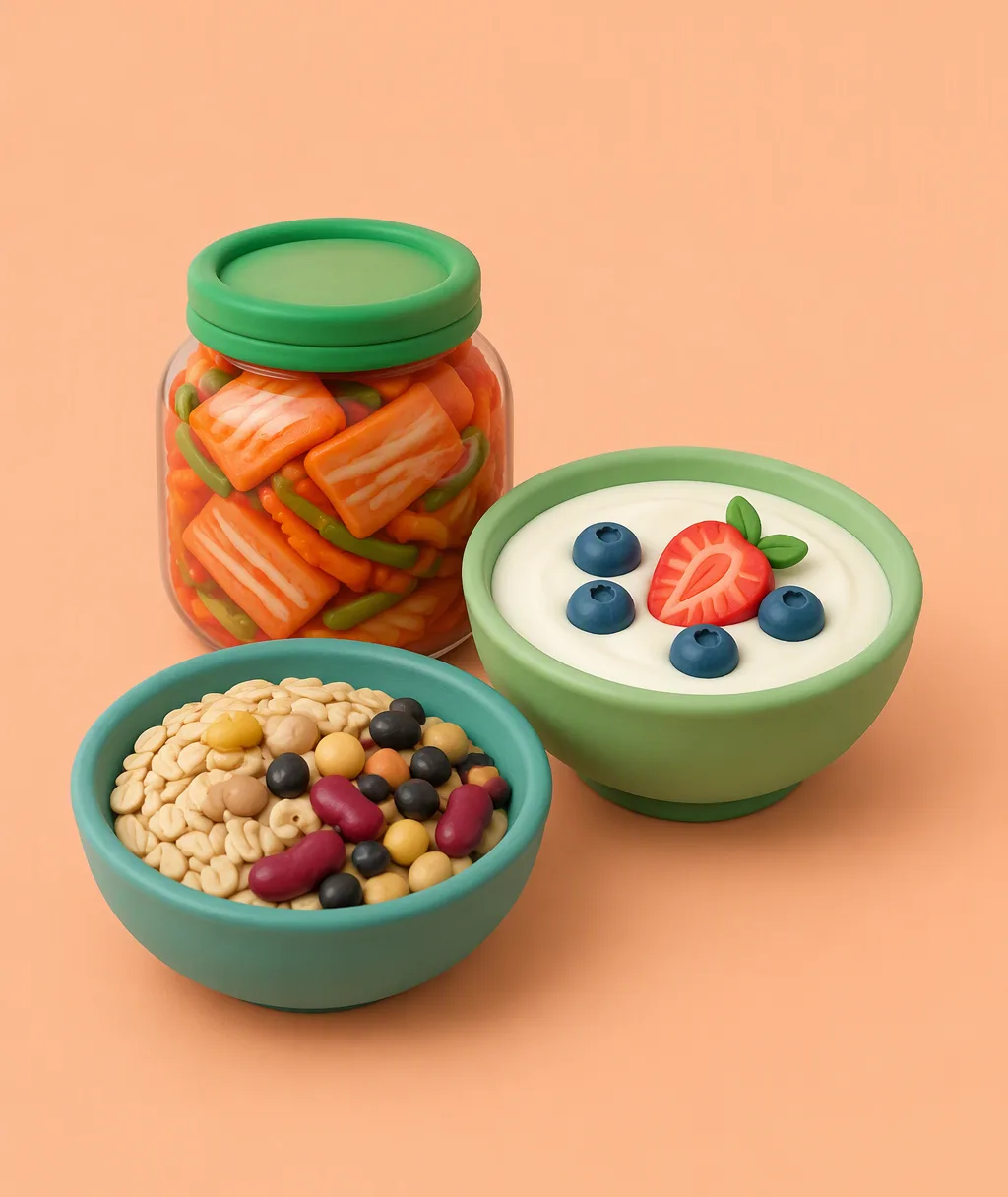 A clay jar of kimchi, a bowl of kefir with berries and a bowl of oats and beans