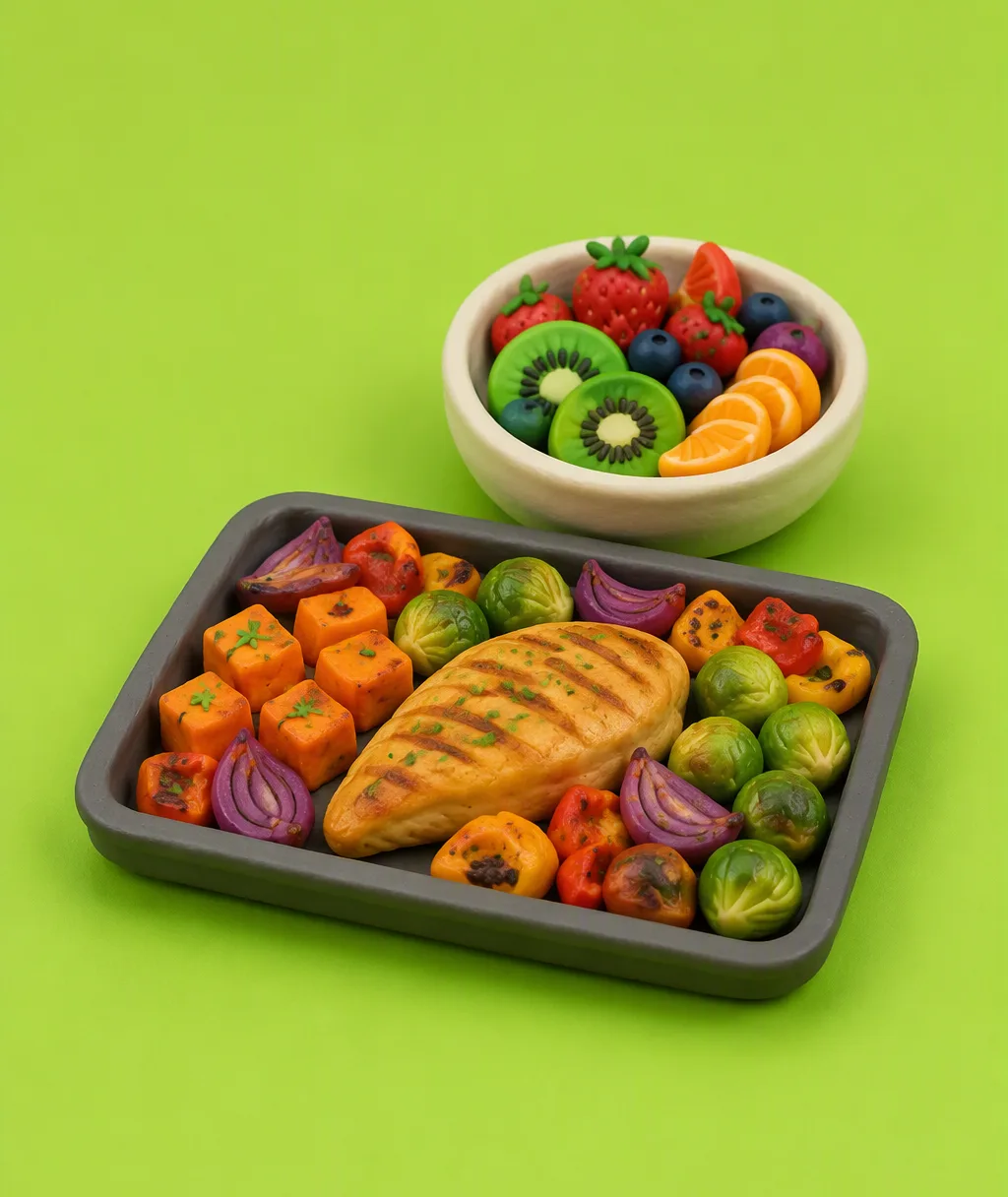 A clay sheet pan of roasted vegetables, chicken and sweet potato, with a bowl of fruit beside it