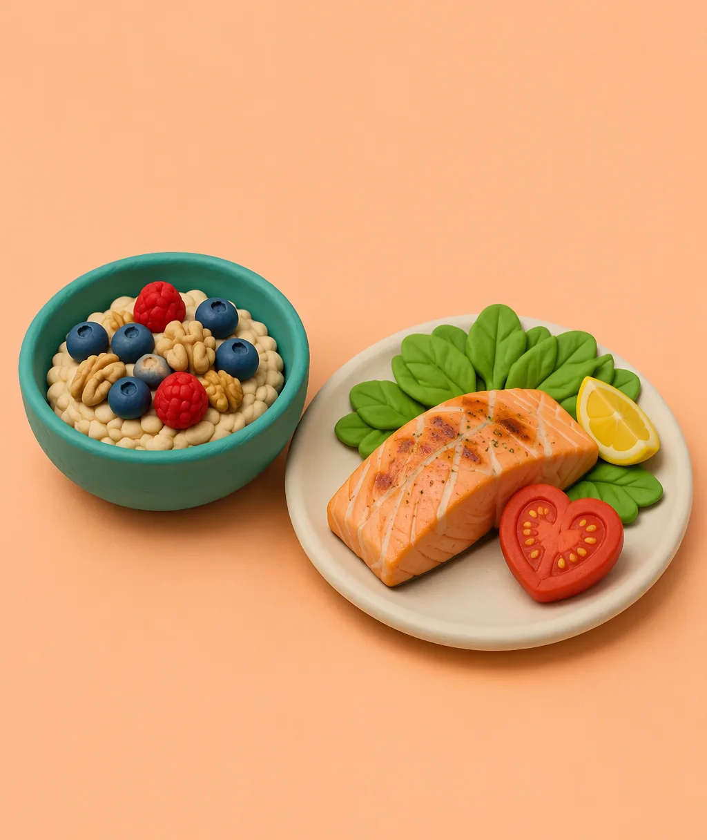 A clay bowl of oatmeal with berries and walnuts next to a salmon fillet and a heart-shaped tomato