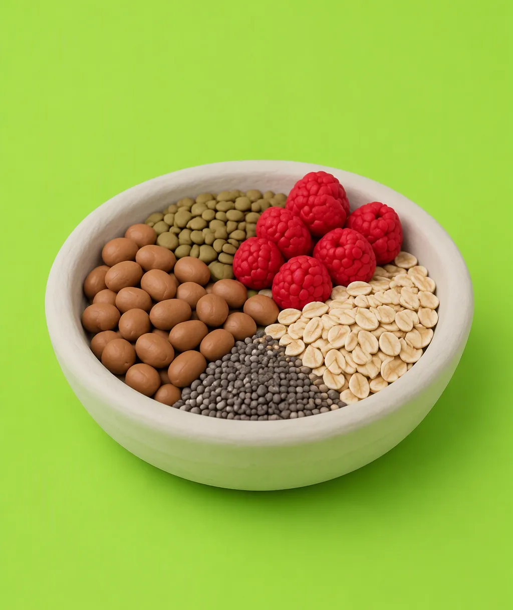 A clay bowl of beans and lentils with raspberries, oats and chia seeds on a table