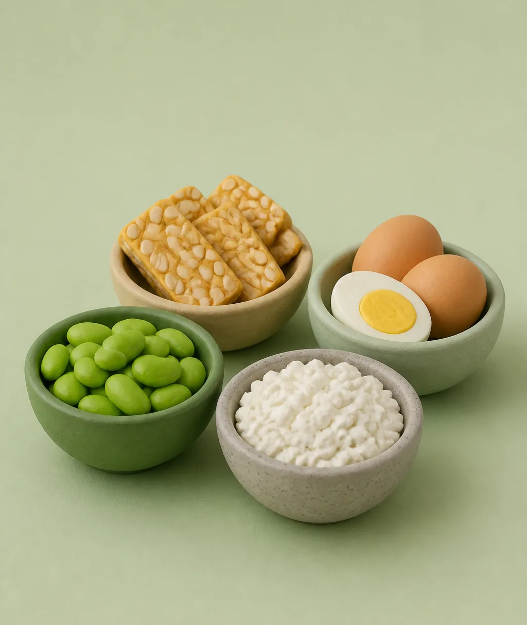 Clay bowls of cottage cheese, edamame, tempeh and eggs on a wooden table