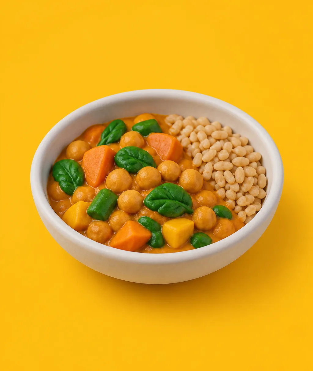 A clay bowl of chickpea and vegetable curry with a small scoop of brown rice