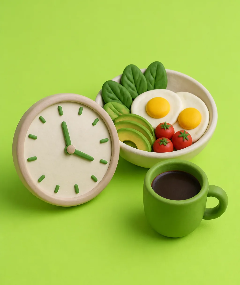 A clay clock face next to a bowl of eggs and greens and a mug of black coffee