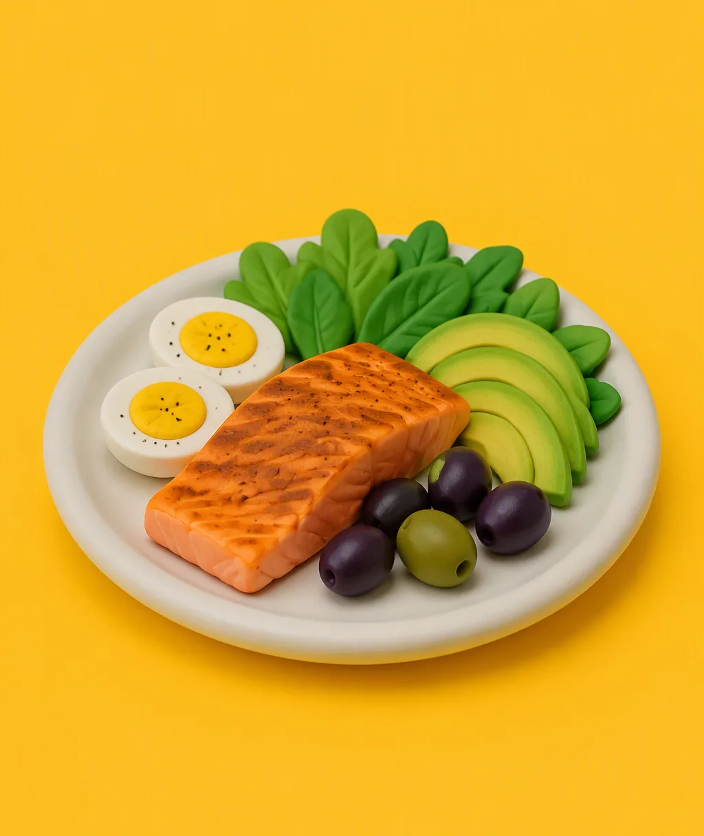 A clay plate of eggs, avocado, smoked salmon, olives and leafy greens