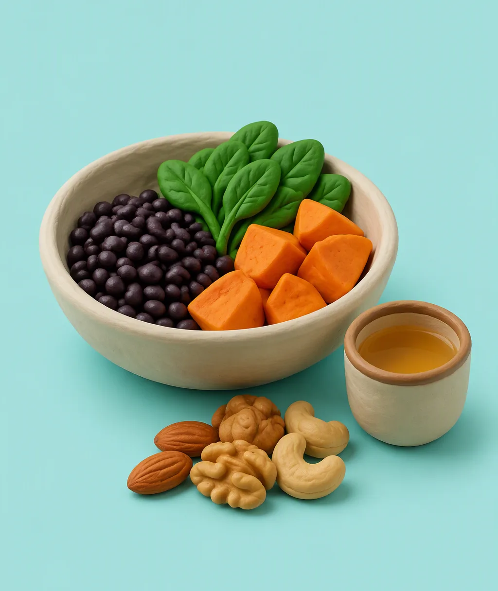A clay bowl of black beans and greens beside a baked sweet potato, a handful of nuts and a cup of tea