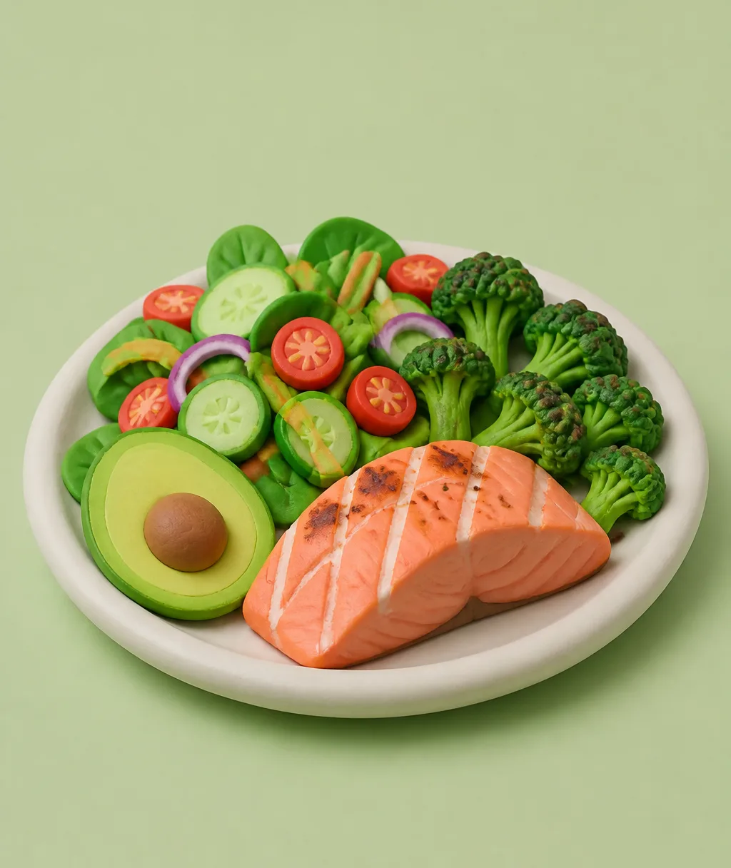 A clay plate of salmon, a big green salad, half an avocado and roasted broccoli
