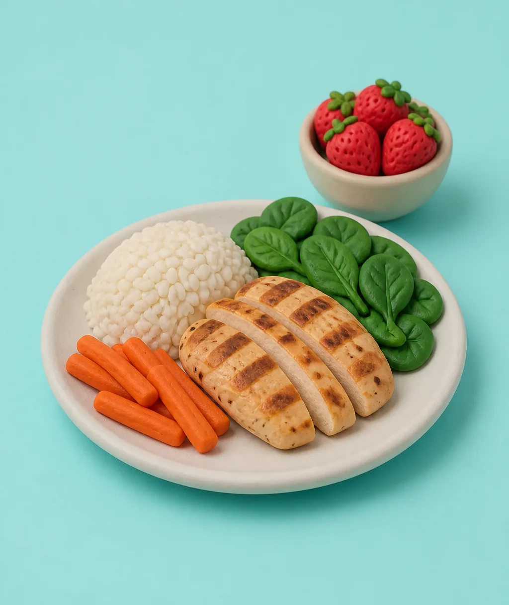 A clay plate of rice, grilled chicken, carrots, spinach and a bowl of strawberries