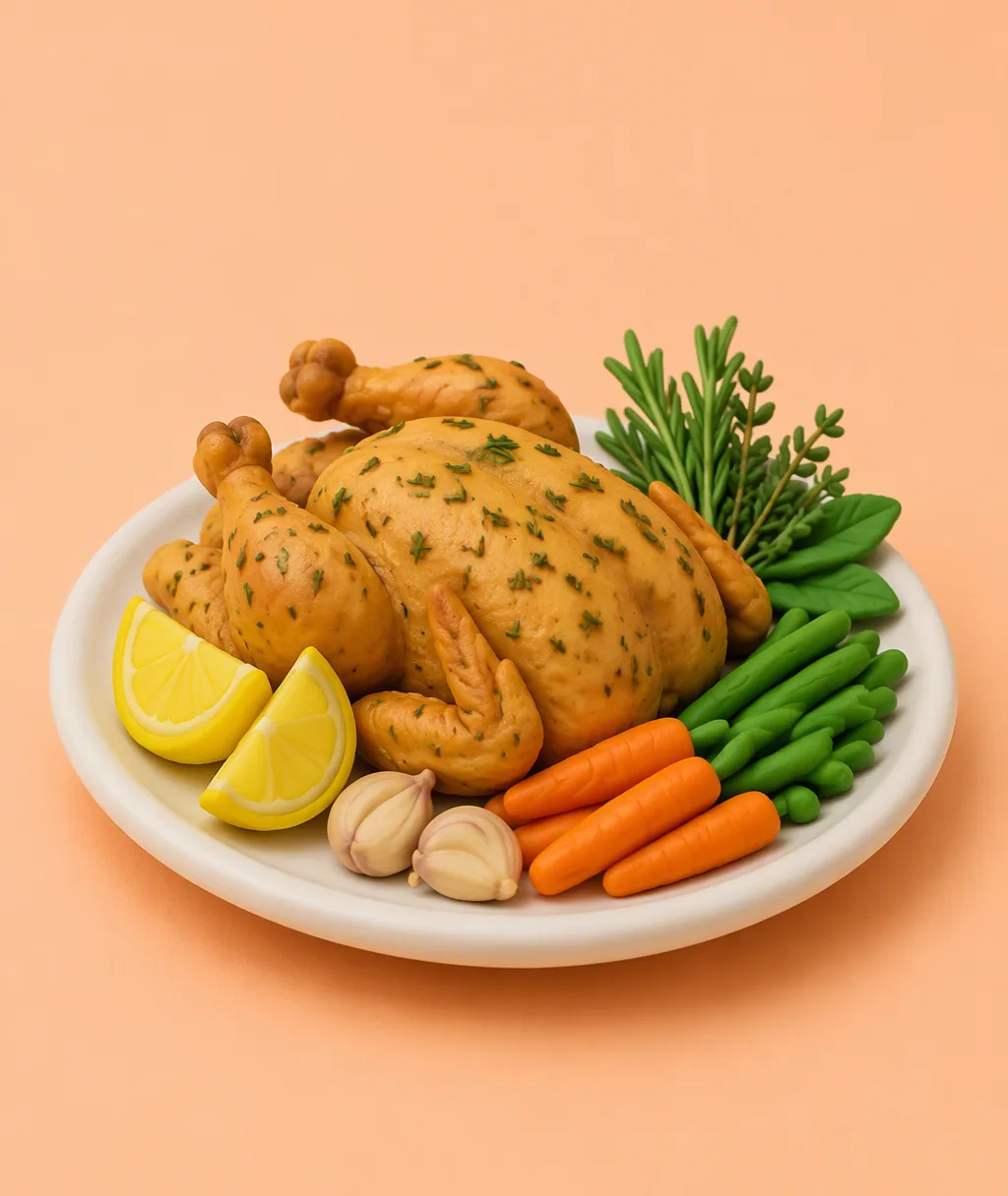 A clay plate of herb-roasted chicken, lemon, garlic and fresh vegetables next to a salt shaker with a cork