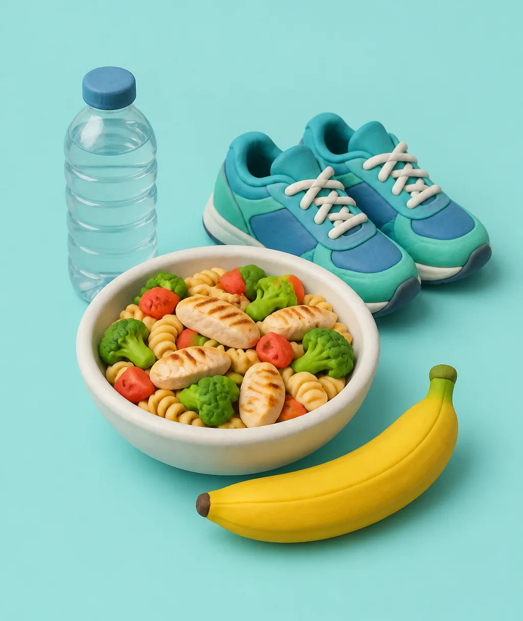 A clay bowl of pasta with chicken next to a banana, a water bottle and running shoes