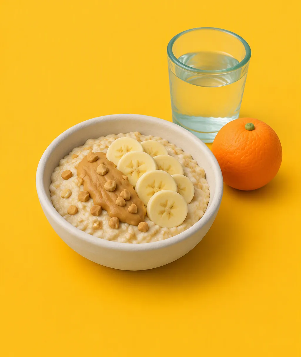 A clay bowl of overnight oats with banana and peanut butter, a glass of water and an orange