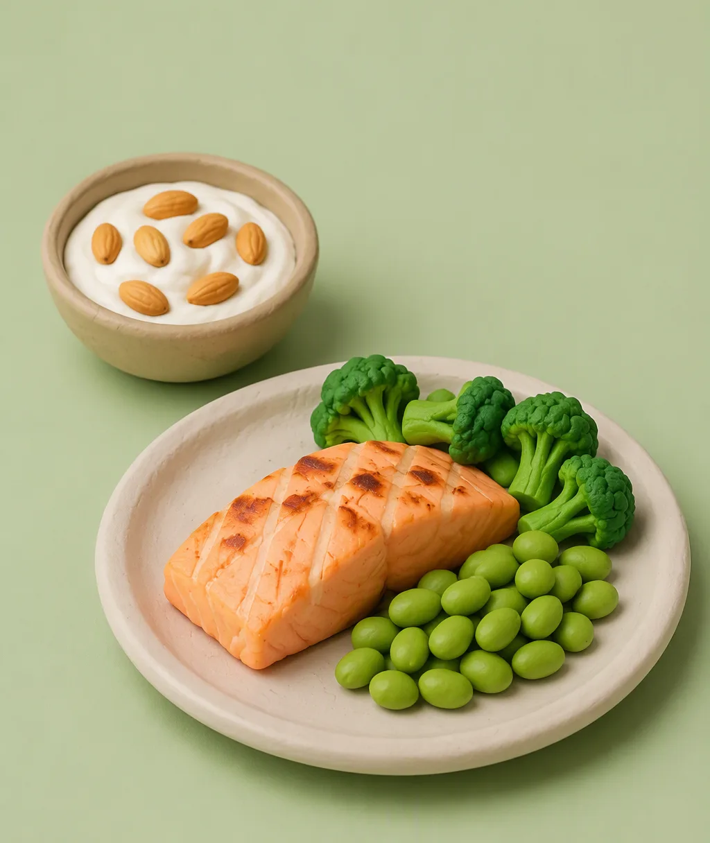 A clay bowl of Greek yogurt with almonds, a baked salmon fillet, a sweet potato and broccoli