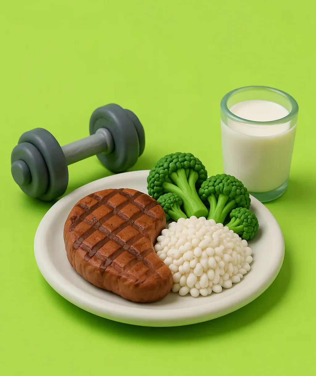 A clay plate of steak, rice and broccoli next to a dumbbell and a glass of milk