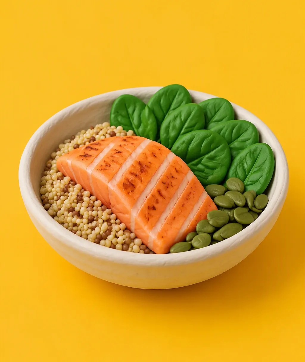 A clay bowl of salmon, quinoa, spinach and pumpkin seeds