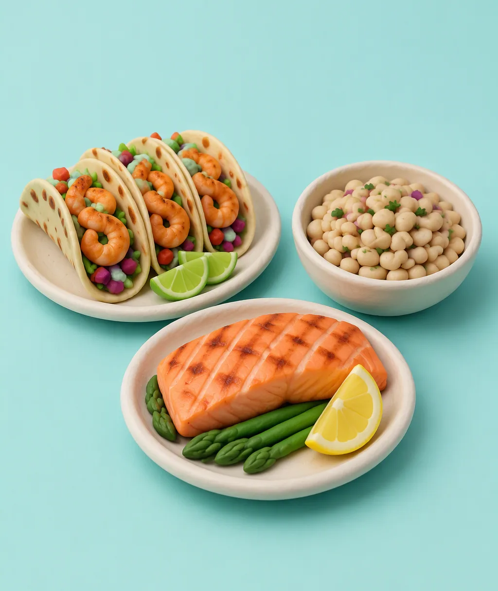 A clay plate of shrimp tacos, a salmon fillet, a lemon half and a bowl of white beans