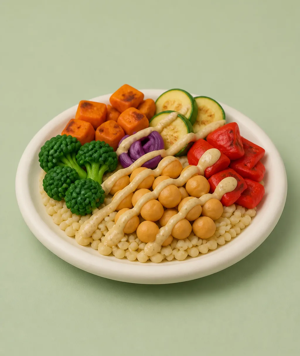 A clay plate of a grain bowl with roasted vegetables, chickpeas and a drizzle of tahini