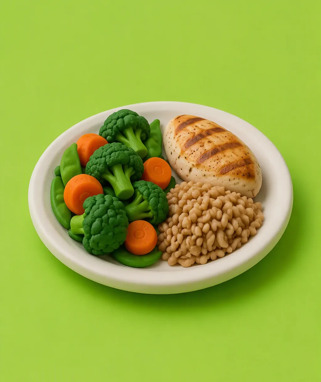 A clay plate split into half vegetables, a quarter chicken and a quarter brown rice