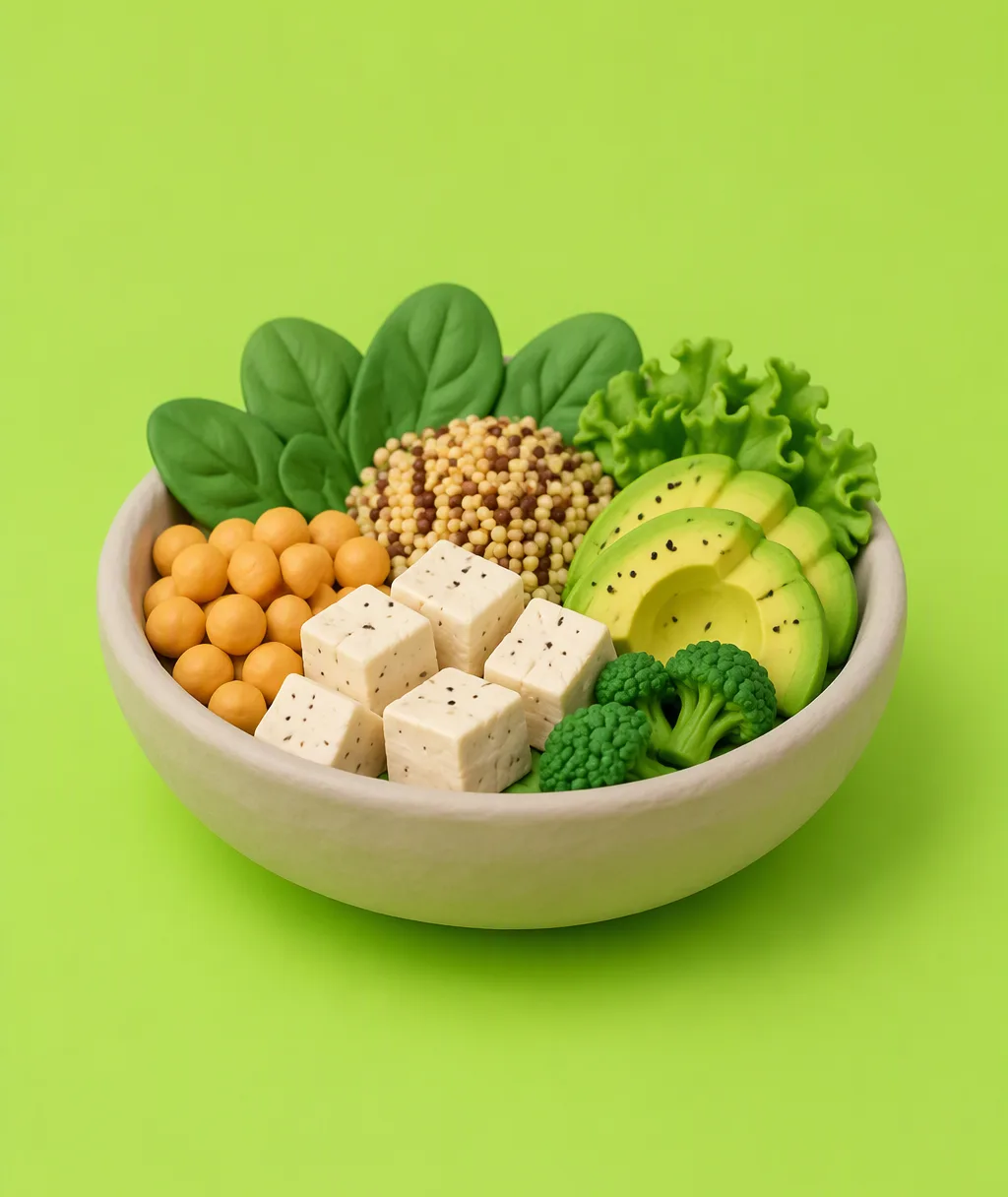 A clay bowl of tofu, chickpeas, quinoa, avocado and greens with a lemon wedge