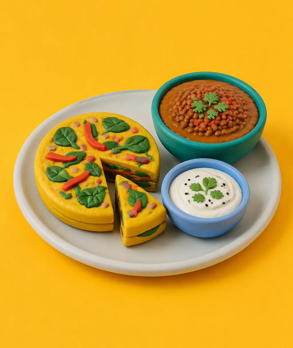 A clay frittata with spinach and peppers next to a bowl of lentil dal and a spoon of yogurt
