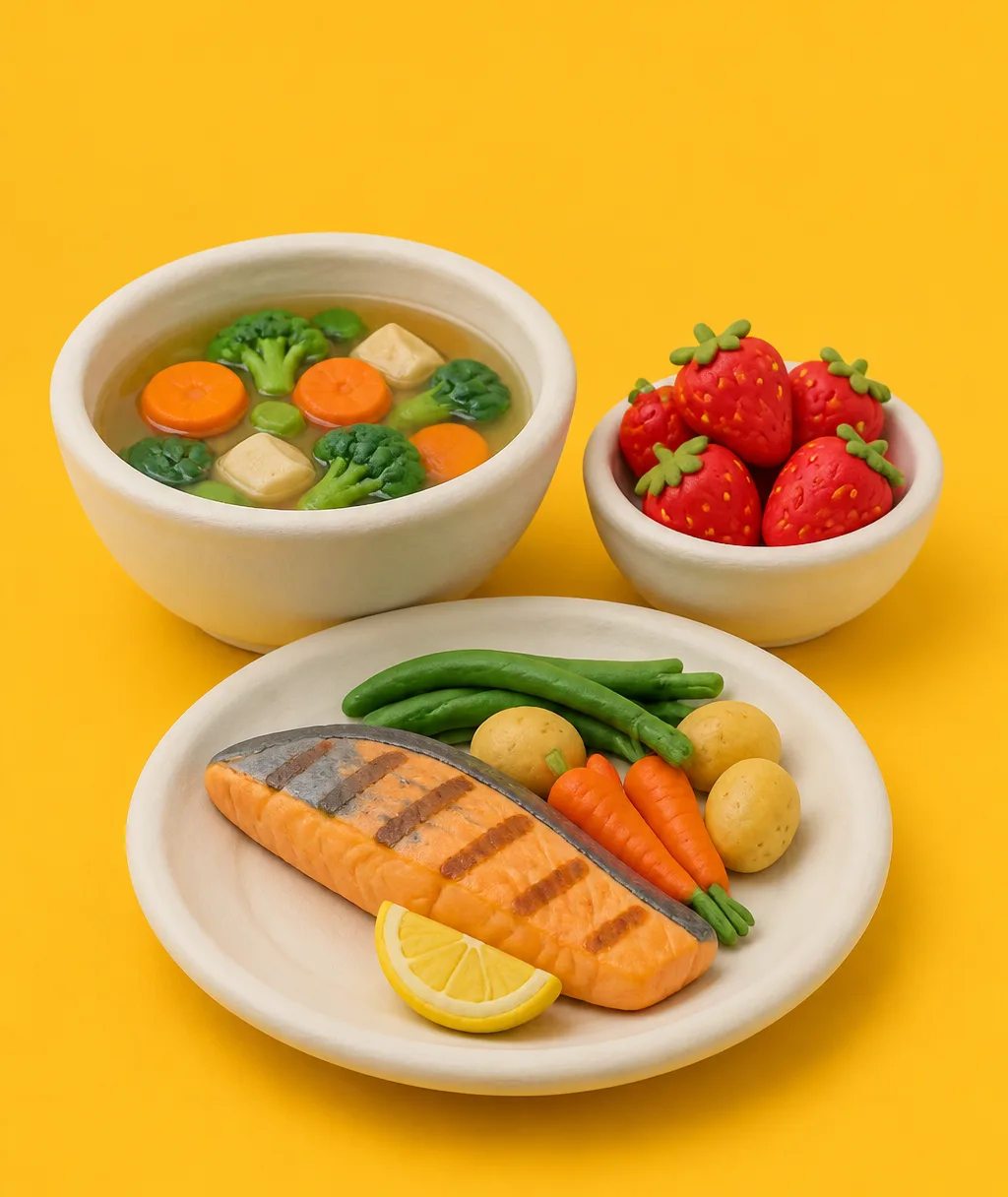 A clay bowl of vegetable soup, a grilled fish fillet and a bowl of strawberries