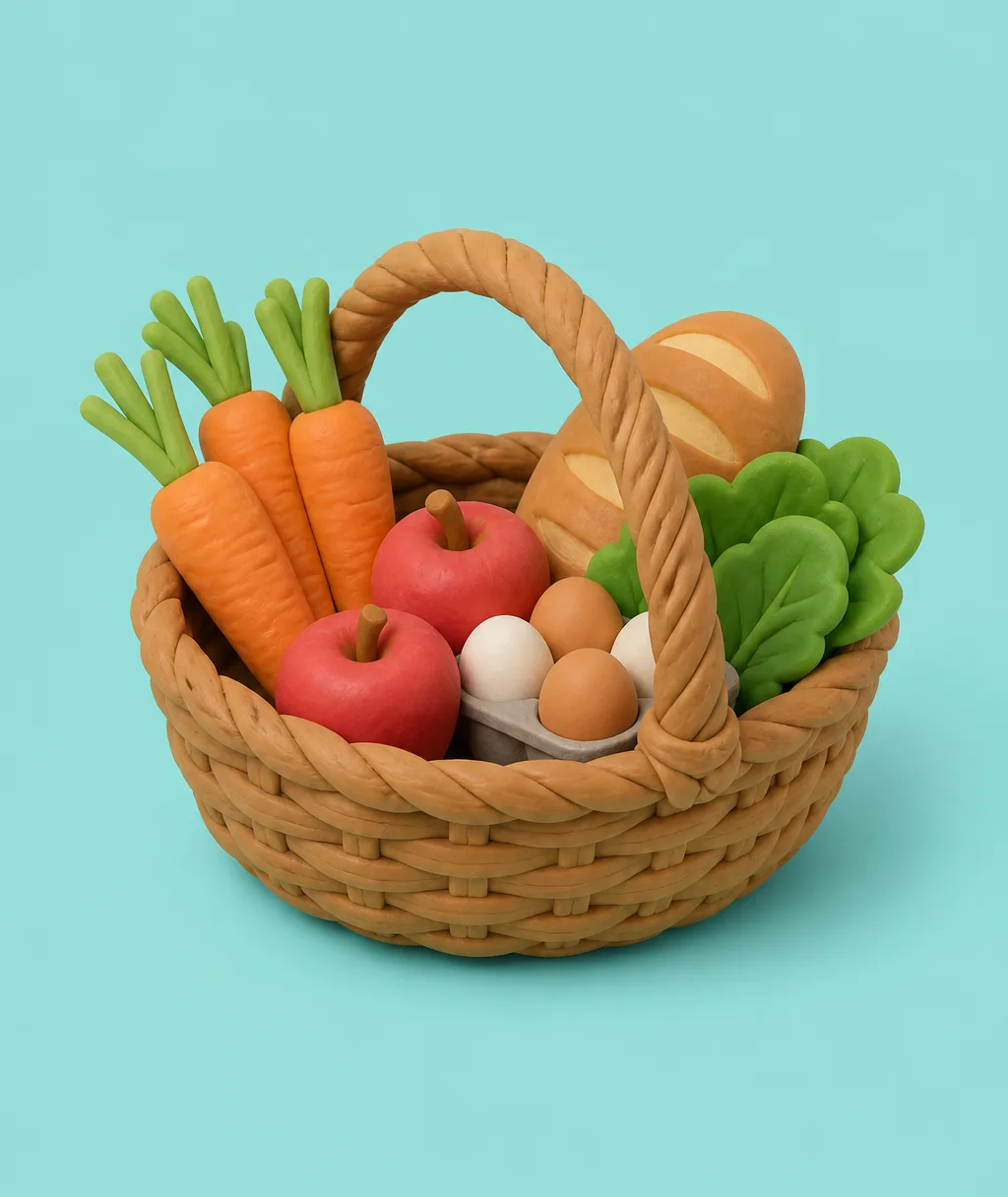 A clay market basket holding carrots, apples, eggs, a loaf of bread and a bunch of leafy greens